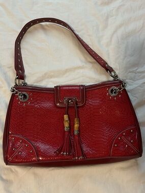 MC  Red Faux Leather Women's Shoulder Bag with Tassel Accent